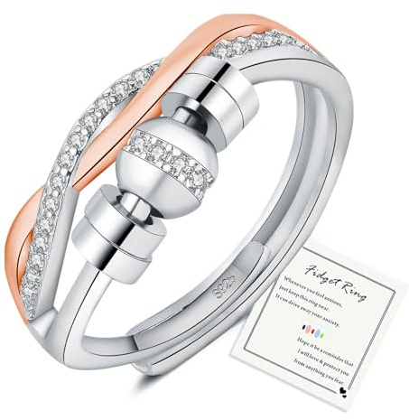 HEEYA Silver Rings for Women, 925 Sterling Silver Plated Spinner Fidget Ring with Cubic Zirconia, Adjustable Thumb Rings Ring for Women with Jewellery Box
