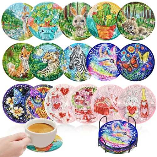 Diamond Painting - Sottobicchieri per bambini, 16 pezzi, con supporto, per fai da te, per ragazze, 5, 6, 7, 8, 9, 10 anni, per fai da te, regalo di compleanno per principianti, adulti e bambini