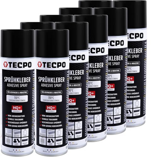 TECPO 1K Sprühkleber 10x 500ml Spray Kleber für Schaumstoff, Wolkenhimmel und Akustikpaneele Klebespray transparent bis 110°C Hitzebeständig