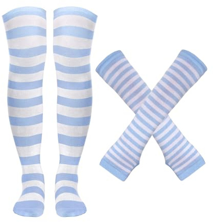 OuryTech Calzini a righe, Costume Calzelunghe donna, Calzini a righe, Costume di carnevale, Calze al ginocchio, Scaldamuscoli e guanti senza dita set per donna (Blu e Bianco)