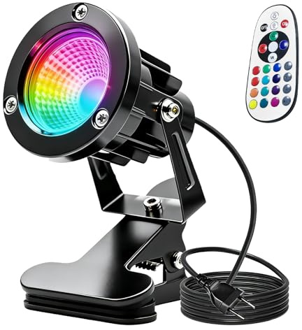 LED Strahler Klemmstrahler mit Fernbedienung Stecker Schalter, IP65 Wasserfester Pflanzenstrahler für Innen und Außen, Mehrere Farbtöne, 6W LED Klemmspot mit 1.8m Kabel Stecker für Outdoor/Hof/Rasen