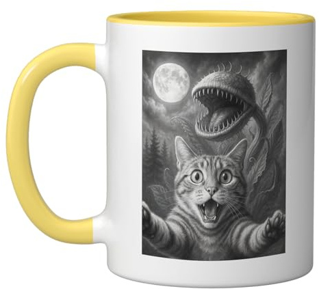 Funny Carnivorous Plant Venus Fly Trap Design Cat Selfie Ceramic Mug, Yellow/White