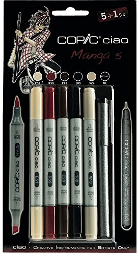 COPIC Ciao Marker 5+1 Set Manga 5, 5 Allround-Layoutmarker mit einer mittelbreiten und einer Brush-Spitze, inkl. 1 Multiliner 0,3 mm