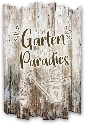 Kreative Feder Wandbild Garten-Paradies aus Holz im Shabby Chic Landhaus-Stil - Holzschild Größe 30x20cm (Garten)