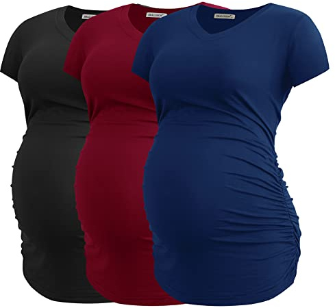 Smallshow kvinnors V hals graviditet kläder toppar sida Ruched graviditet T-shirt 3-pack,Black-Navy-Wine,M