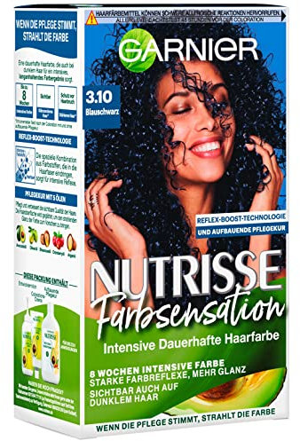 Garnier Nutrisse Pflegende Intensivtönung mit nährenden Fruchtölen, Coloration mit 8 Wochen Halt, Farbsensation Haarfarbe, 3.10 Blauschwarz