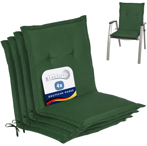 Beautissu 4er Set Niedriglehner Auflage Gartenstuhl mit Schaumkern Füllung | 100x50x6cm Dunkelgrün Sitzkissen Niederlehner Rückenkissen niedrig Stuhlkissen Kissen Gartenstuhlauflagen Loft NL