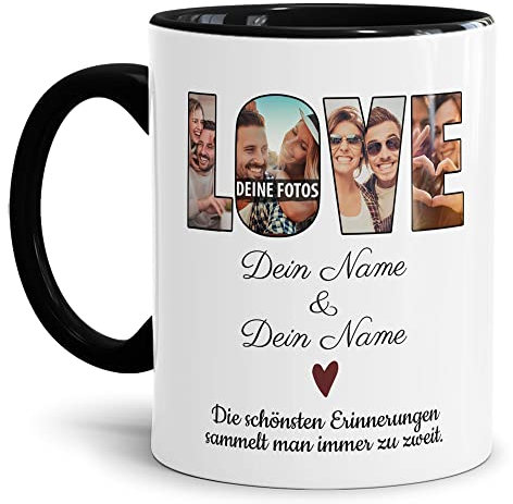 Foto-Tasse selbst gestalten - Love, die schönsten Erinnerungen - Collage mit 4 Fotos & Namen - Geschenk für Familie, Paar, Geburtstag, Weihnachten - Keramik, Innen & Henkel Schwarz, 300 ml