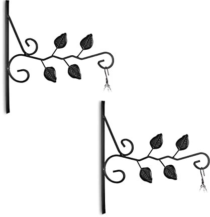 Relaxdays Hanging Basket Brackets, Set of 2, Leaves Design, Wall-Mounted, 30 x 29.5 x 2 cm, Plant Hanger, Iron, Black