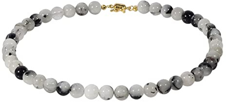 ELEDORO Collana in vero quarzo rutilo, da donna, in argento 925, placcato oro, chiusura magnetica, 10 mm, lunghezza 48 cm, 10 mm, Vero quarzo rutilato nero dal Brasile, quarzo rutilo nero