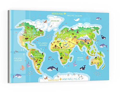 DEQORI Glas-Magnettafel | 60x40 cm groß | Motiv Kindgerechte Weltkarte | Memo-Board aus Glas | Magnetboard inkl. Magnete, Stift & Tuch für Küche & Büro | Tafel magnetisch & beschreibbar