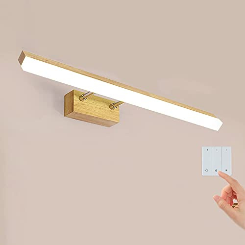 Wooden Bathroom Mirror Light with Switch, Rustic Bath Mirror Lamp Dimmable with Remote Control IP44 Wooden Wall Lamp Bathroom Lamp with Telescopic Arm & 180° Adjustable, 3 Color Cabinet Decoration