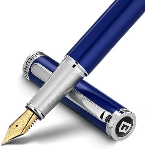 BEILUNER Luxury Fountain Pen Set,Solid 24K Gilded Medium Nib, Modern Classic Limited Edition -Includes 6 Ink Cartridges&Ink Refill Converter with Gift Case-Perfect for Men and Women（Charming blue）