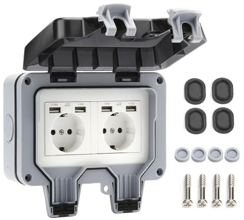 GothicBride Presa esterna con porte USB, presa da giardino, montaggio sporgente, impermeabile IP66, contatto di protezione con aletta
