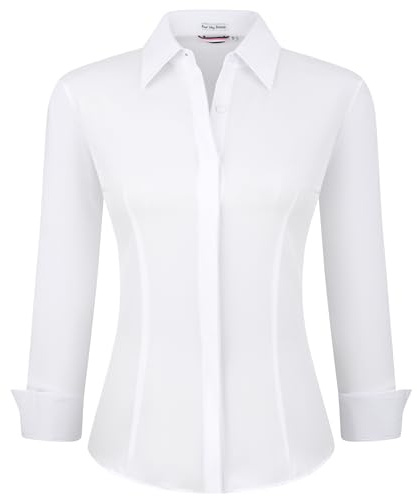 Alex Vando Damblus, långärmad damskjorta, stretch – business buttondown-skjortor, strykfri, arbetsskjorta, toppar, arbetströja, Dold placket-white, XL