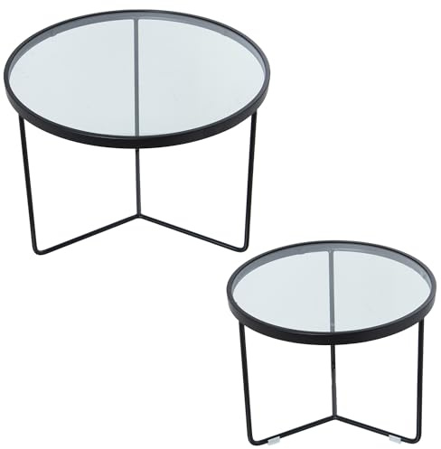 Set de 2 mesas Redondas de Metal y Cristal en Negro y Transparente 60x45 y 45x38cm
