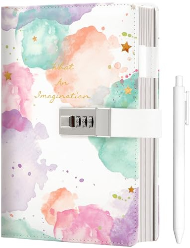 CAGIE Tagebuch Mädchen mit Schloss Liniert mit Bunt Bedrucktem Cover | Geschenk für 8 9 10 11 12 Jahre Girls, Tagebücher mit code, Leder Journal, Geheimes Journal Notizbuch mit Stift