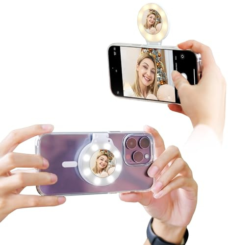 JJC Magnetisches Mini-LED-Selfie-Ringlicht für Telefon, tragbares Vlogging-Zellen-Fülllicht mit 300-mAh-Akku, unterstützt 180° faltbares dreifarbiges LED-Videolicht, dimmbar, 3 Stufen,