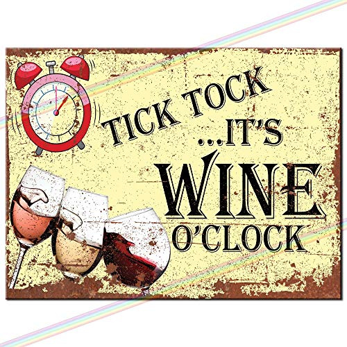 Tick Tock Wine O'clock Metal Sign Father's Day Gift Logo Man Cave Tin Retro Vintage Hanging Wall Plaque Kitchen Garden Shed Garage Funny Made UK Small (15cm x 10cm)
