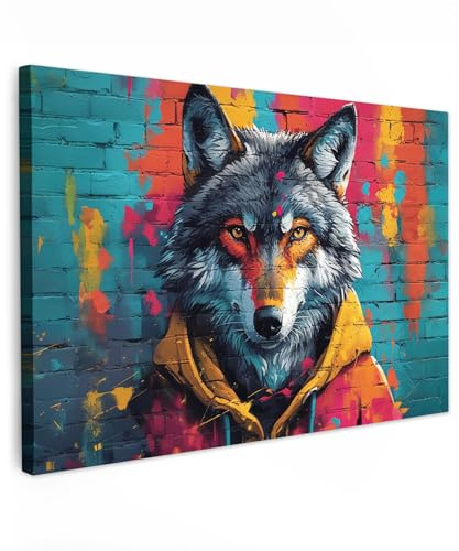 MuchoWow© Leinwände Groß XXL Wall Decoration Bilder für die Wand | 120x80 cm - Schlafzimmer Deko Pictures Canvas Painting Wanddekoration Wohnzimmer Graffiti - Wolf - Street Art - Wilde Tiere