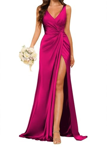 Vestido de dama de honor con cuello en V para mujer, con abertura en la cintura fruncida, plisado, de satén, vestido de fiesta formal, fucsia, 36