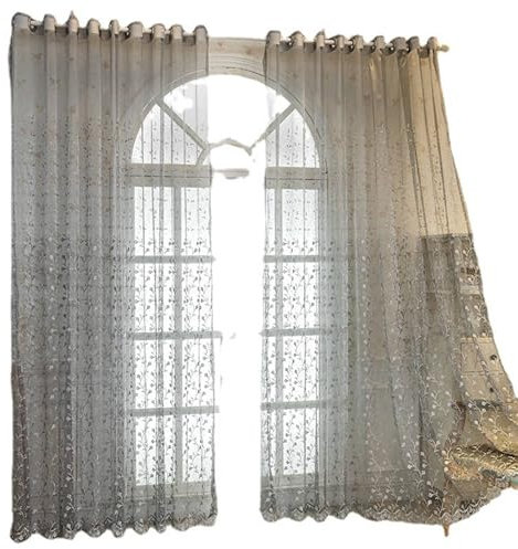 Bishilin Gardinen Lichtdurchlässig Grau, Vorhänge Ösen 2er Set Jacquard mit Ginkgo Motiv Modern 86x214CM Vorhänge Halbtransparent Wohnzimmer Schlafzimmer Kinderzimmer