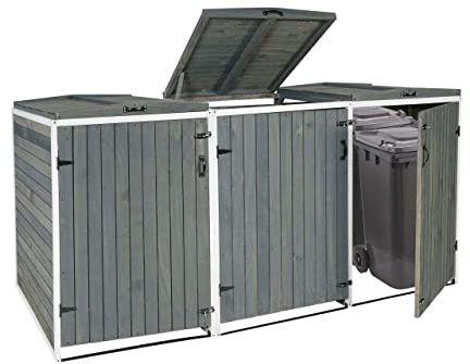 Mendler XL 3er-/6er-Mülltonnenverkleidung HWC-H74AM - grau-weiß | Mülltonnenbox, erweiterbar, Holz, MVG, 126x238x98cm