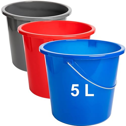 Eimer Modell Eco, Putzeimer 5L, 3 Stück Plastikeimer, 5 Liter Haushalteimer, Wassereimer, Farbe: anthrazit, rot, blau; mit Messkala, lebensmittelecht, robuste & langlebige Qualität -