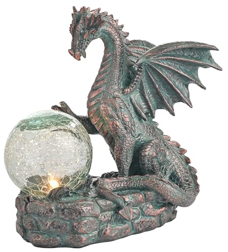 TERESA'S COLLECTIONS Garten Drache Figur mit Solar Licht, Gartendeko für draußen,Gartenfiguren Balkon Terrasse Yard,15cm, wasserdichte Kunstharz Glas, Geschenke für Frauen/Mama/Papa | Mit rissigen Kristallkugel Solarzellen für Outdoor Garten, wasserdichte Harz Ornamente, Geschenk für Papa, 15cm