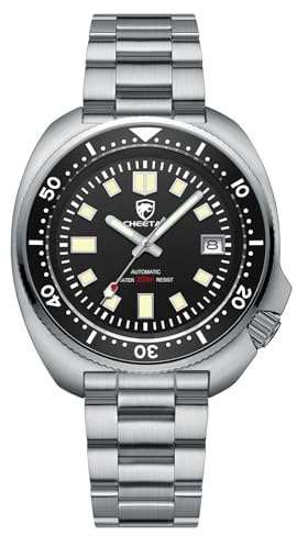 CHEETAH Automatikuhren für Herren, Tauchen, 200 m wasserdicht, mit vollem Edelstahl, Saphirglas, silber/schwarz, Modern