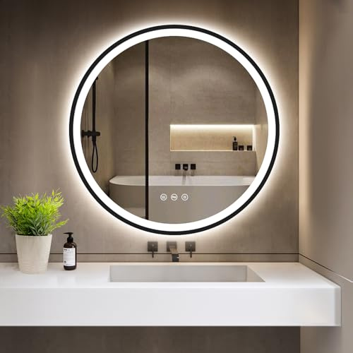 GIMBELEN LED Runder Badezimmer Spiegel mit Beleuchtung 80 cm, Antibeschlag, Dimmbar, Energiesparend, 3 Lichtfarben, Touch-Schalter und Speicherfunktion, LED Badspiegel Schwarz