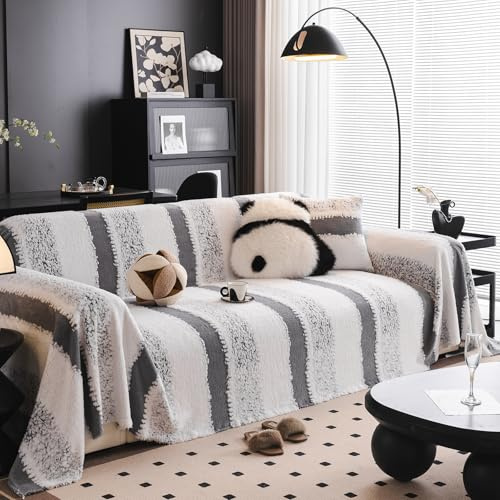 SHANNA Gestreift Samt Sofa Überwurfdecke 1/2/3/4 Sitzer, Einfache Installation Sofaschoner Sofabezug L Form U Ecksofa Große Sofa Überzug, Sofaüberwurf Couch Überzug Sofa Cover Futonbezug mit Quaste