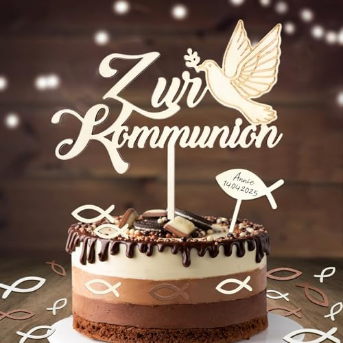 Tortendeko Kommunion, Cake Topper Kommunion Holz & 36 Stück Holz Fische Streudeko Tischdeko & Fisch Kreuz Kuchen Deko, Erstkommunion Deko Junge Mädchen Geschenke Gastgeschenke, Kommunionsgeschenke