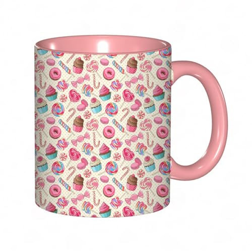 EKLMPS Tazza grande per caffè e tè a colazione - idee regalo per uomo e donna - in porcellana, 330 ml (11oz),Bastoncino di zucchero, lecca lecca dolce e delizioso, cupcake e ciambella con motivo a po