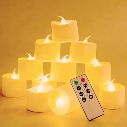 Mineup 12 Stück LED Teelichter mit Timer, Led Teelichter mit Fernbedienung, Led Kerzen Flackernde Flamme, 4/8H Timer, Flammenlose Kerzenfür Party Halloween Weihnachten Home Decor