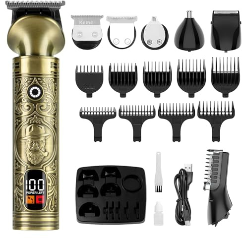 KEMEI skäggtrimmer, skäggtrimmer, hårtrimmer, hårklippningsmaskin, trimmer, män, multifunktionell med 6 skärhuvuden, trimning av hår, skägg, näsa, öron och kroppshår, rakning