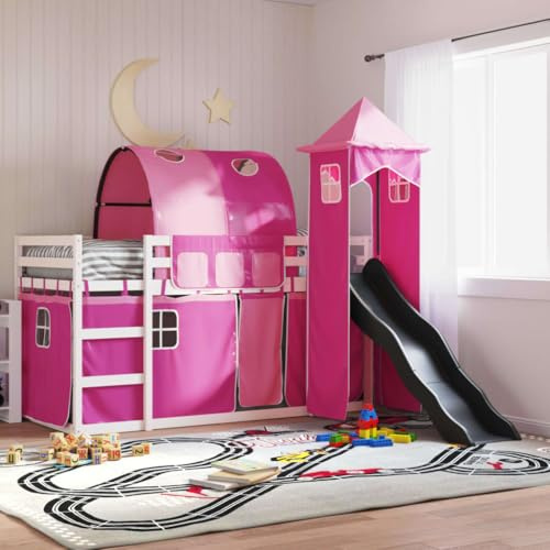 Teenpull Kinder Hochbett Kiefer Massivholz 90x200 cm mit Rutsche, Rosa Gardinen & Spielturm, sicherer Rausfallschutz, stabiles Junior-Spielbett für Kinderzimmer