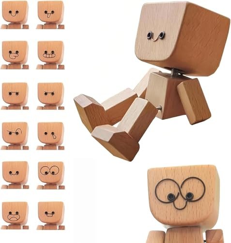 Generisch Schüttelnde Holzmann-Figur, Charmante kleine Holzfigur, die mit 12 magnetischen Ausdrücke schwankt, Wobbling Wooden Figures, Holzfigur für Auto, Desk Ornaments