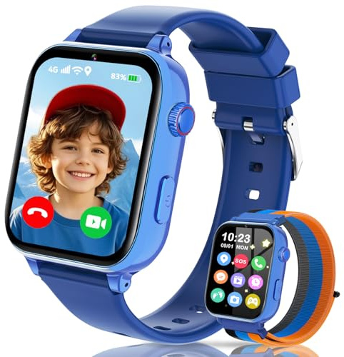4G Montre Connectée Enfant, Smartwatch Téléphone pour Filles Garçons avec GPS, SOS, WIFI, Appels/Vidéo/Chat Vocal, Mode École, Podomètre, Alarme, Jeux Smart Watch pour Enfants 4-12 Cadeau (Bleu)