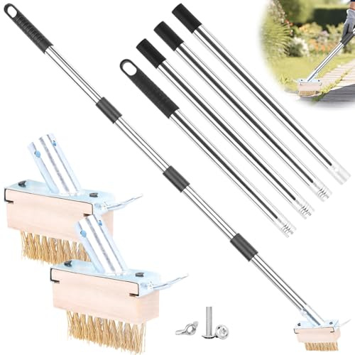 2Pcs Fugenbürste Fugenkratzer Unkraut Set mit 160cm Edelstahl Teleskopstiel, 2-in-1 Robuste Unkraut Entferner Gerät, Drahtbürste Unkrautbürste Unkrautkratzer für Moos Terrasse Pool Garte Hartnäckigen