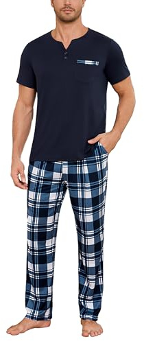 Bresdk Pigiami Uomo Estivi in Cotone Lungo Pigiami Due Pezzi Maniche Corte e Pantaloni Lunghi a Quadri con Tasche per Casa Morbido Loungewear,Blu,L