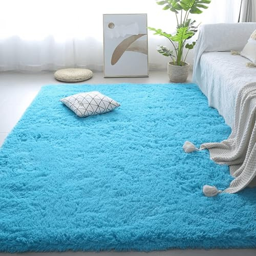 LIUJYUAN Shaggy Hochflor Teppich 150 x 250 cm Super Soft Felloptik Flauschiger Fellteppich Fell Imitat Kunstfell Pflegeleicht Und Robust für Schlafzimmer Kinderzimmer, Blau