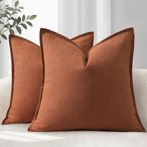 YCOLL Kissenbezug 40x40 2er Set Gemütliche Weiche Natur-Leinen Kissenhüllen Einfarbige Sofakissen Moderne Kissenbezüge mit Kante Dekokissen für Couch, Bett Wohnzimmer Dunkelorange