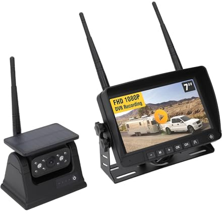 Hamwesh Caméra de Recul Solaire Magnétique, Nocturne Infrarouge 1080P, étanche IP69, Moniteur IPS 7 Pouces, avec Panneau Solaire pour Camions Remorques RV