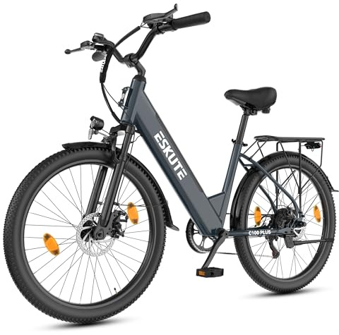 ESKUTE 26 Zoll E-Bike für Erwachsene, 7-Gang Elektrofahrrad mit abnehmbarem 36V 13Ah Akku, 25 km/h, 50–100 km Reichweite, Elektro Citybike für Pendler, IP65 wasserdicht, Grau
