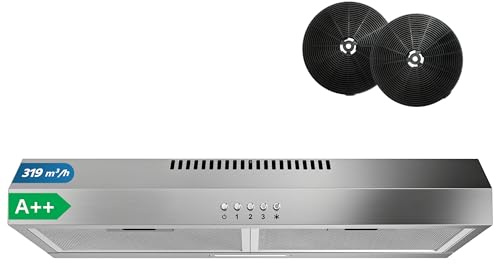 FIREGAS Unterbau Dunstabzugshaube 60 cm Edelstahl, 319 m³/h, Energieeffizienzklasse A++, bürstenloser Motor, Umluft & Abluft, 3 Leistungsstufen, leise, 2W LED, inkl.2 Aktivkohlefilter