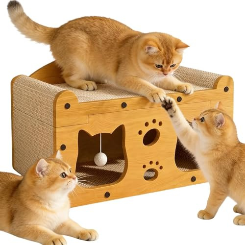 Casa Rascador para Gatos Antideslizante, Juguete Interactivo Multifuncional | Casa de Cartón para Gatos para en Hogar, Exterior, Sala de Estar, Momentos en Familia, Viajes y Estimulació