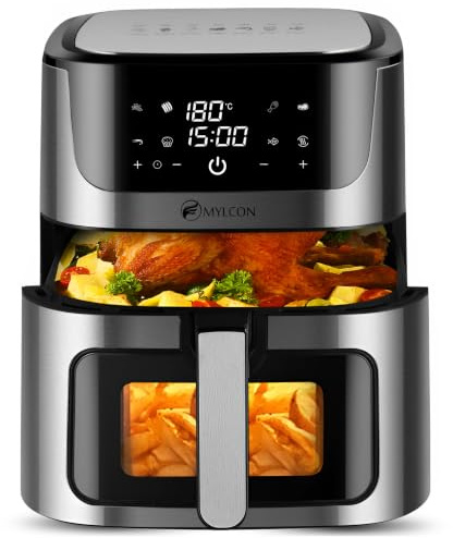 MYLCON Drayo Heißluftfritteuse XXL mit Sichtfenster, 8L Kapazität, 8 Programme, Hot Air 360° Technologie, Vertikales Touch-Display, 1800W, 80-200°C, Airfryer für gesundes Frittieren ohne Öl, MLC4