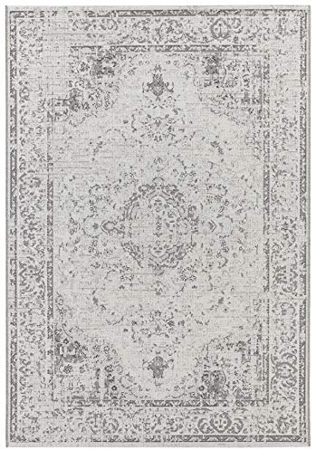 Elle Decoration Cenon Ghazni Weicher Kurzflor Samt-Teppich Vintage mit Fransen Orientalisch Orientteppich für Wohnzimmer Esszimmer Flur oder Schlafzimmer Creme Grau, 95x140cm, Polypropylen, 154x230 cm