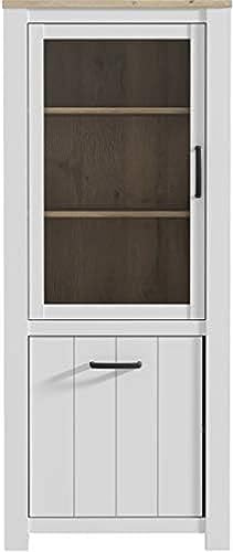 FORTE Elara Vitrine mit 1 Tür, 1 Glastür, Holzwerkstoff, Weiß Matt / Bianco Eiche, 77 x 185,3 x 42,2 cm